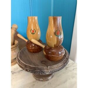Vintage MCM Salt And Pepper Shakers Wood Lanterns Kerosene Lamps